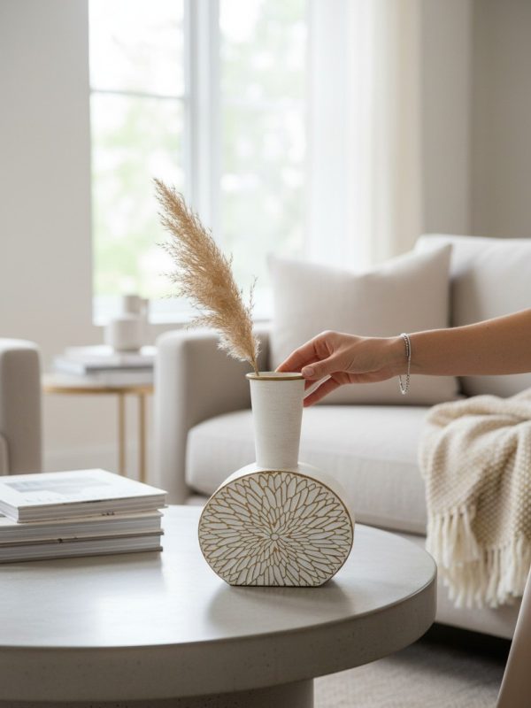 lifestyle-shot-0a4fd513-bf8d-4f19-85ff-a08e5fda76f5 Florero Metálico Blanco con Líneas Doradas 26.5×20 cm