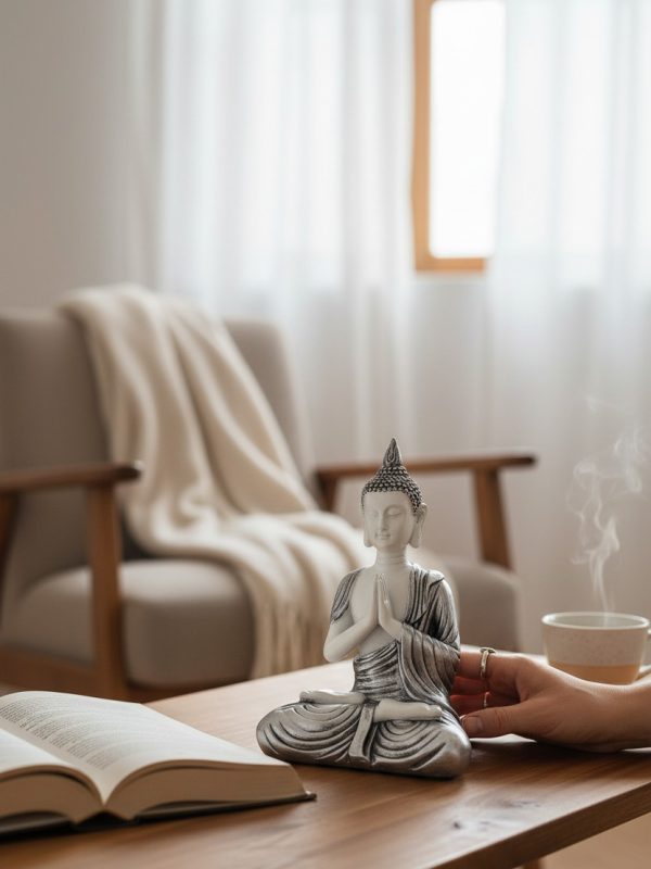 Buda Blanco & Plateado – Serenidad Decorativa