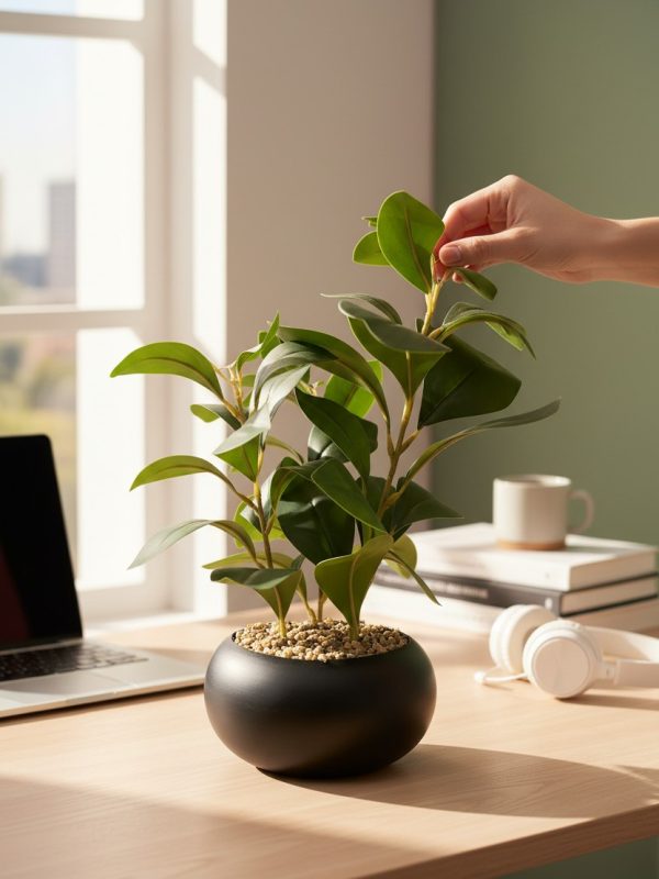 Planta Artificial con Macetero Negro de Cerámica