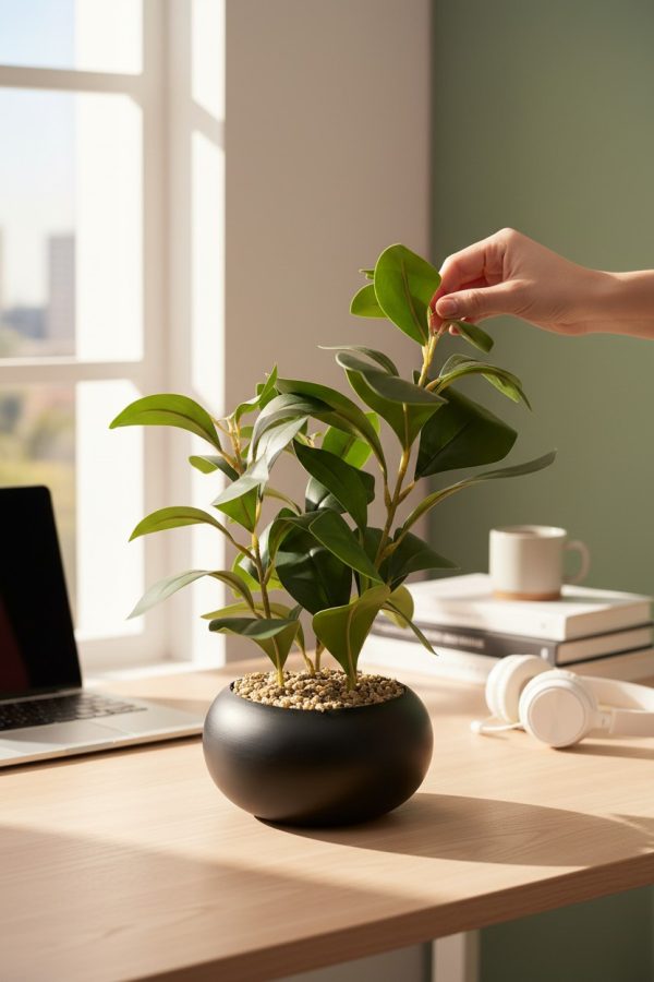 Planta Artificial con Macetero Negro de Cerámica