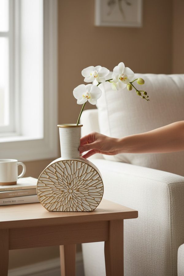 Florero Metálico Blanco Líneas Doradas – 35 cm