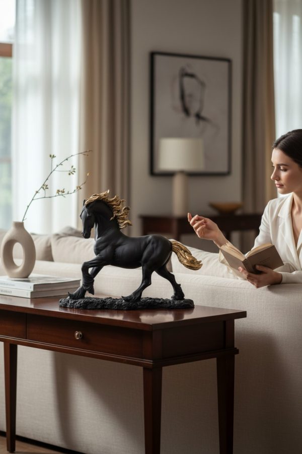 Escultura Caballo Negro con Detalles Dorados