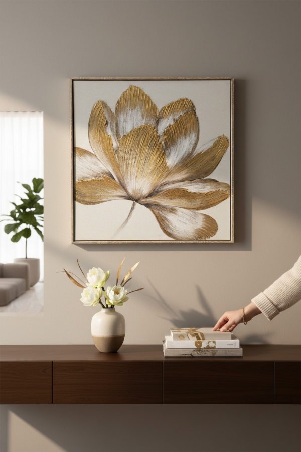 Cuadro Flor Dorada B – Marco Tierra 60×60 cm