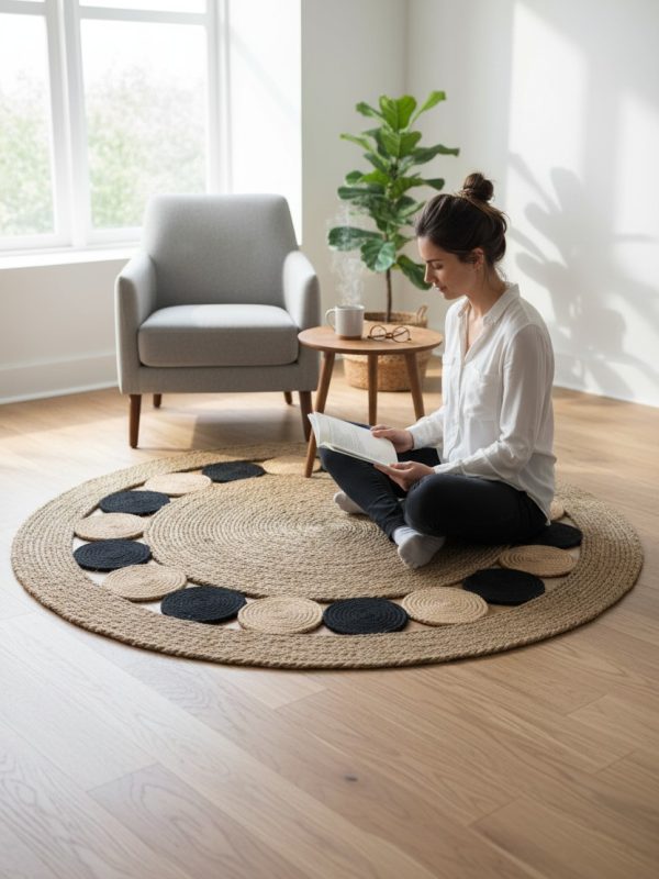 lifestyle-shot-acf909e7-7a58-493e-8c8d-83994a522a1c Alfombra de Yute Natural Círculos Negros 1.50 mt