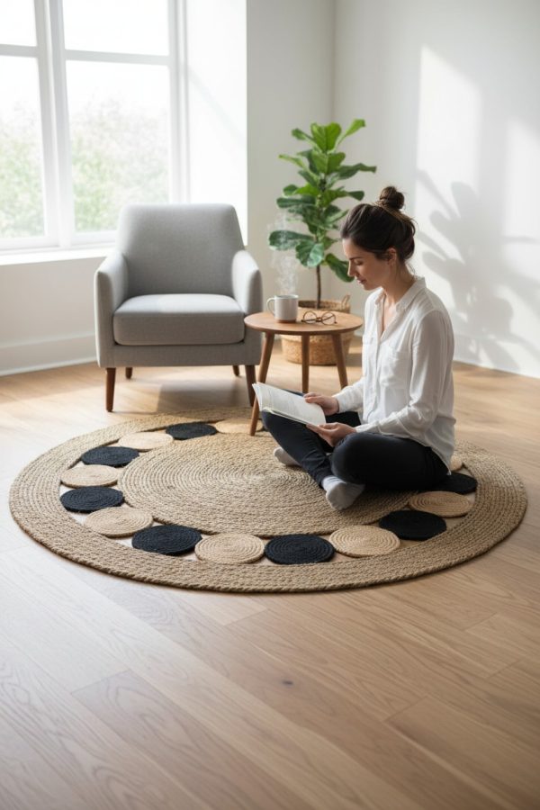 Alfombra de Yute Natural Círculos Negros 1.50 mt