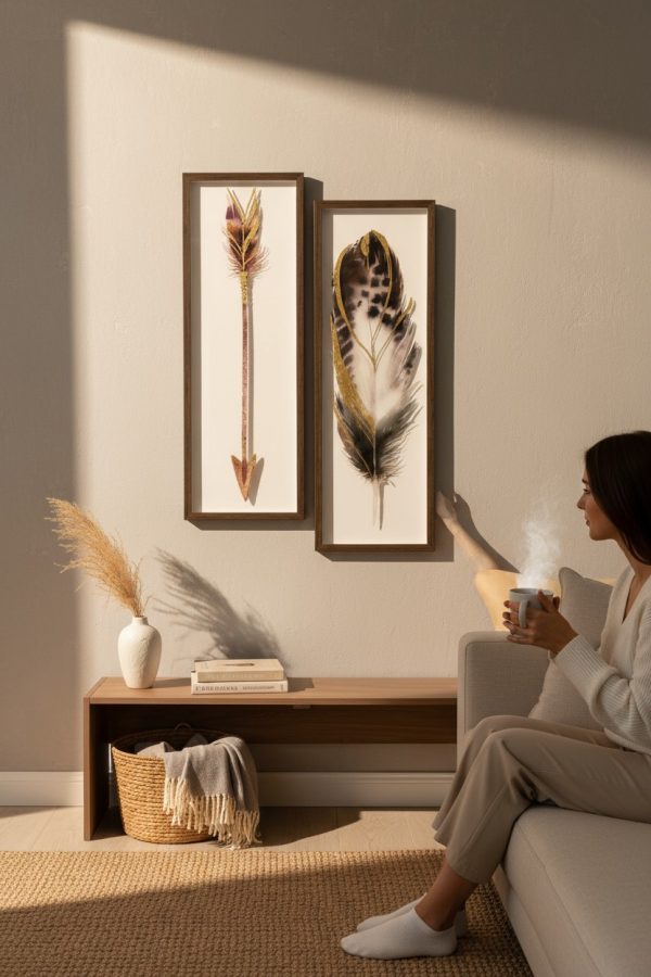 Set de 2 Cuadros Plumas Doradas – 27.5 x 77 cm