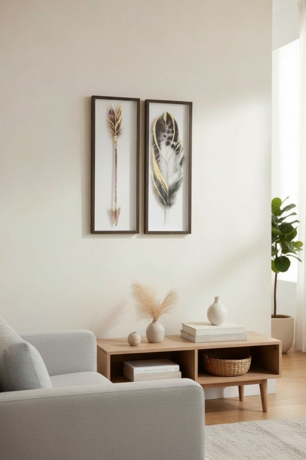 Set de 2 Cuadros Plumas Doradas – 27.5 x 77 cm