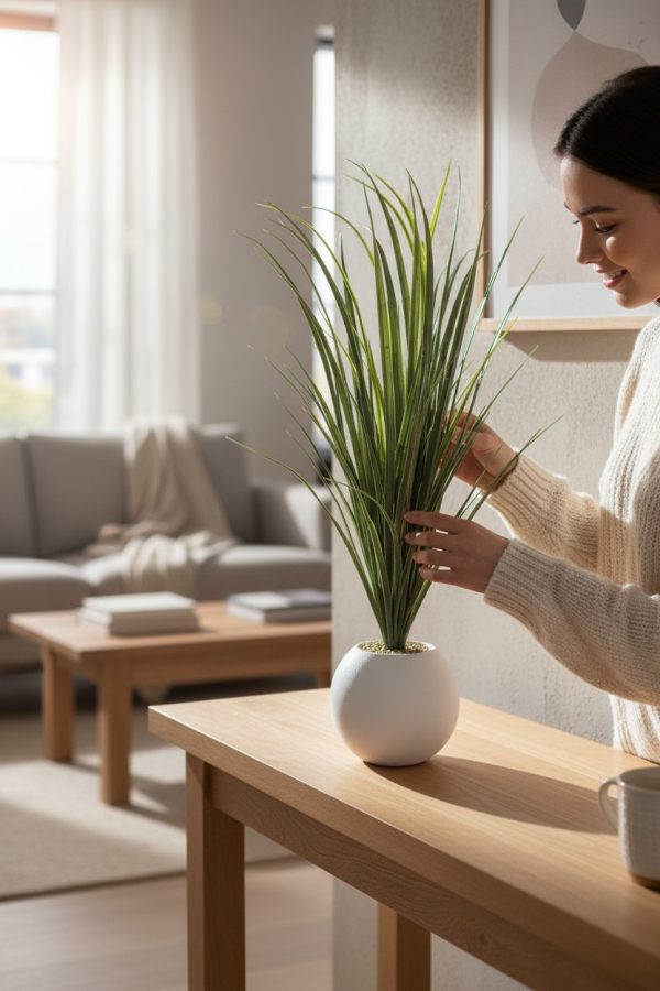 Planta Decorativa Artificial 75 cm – Macetero Esférico Blanco